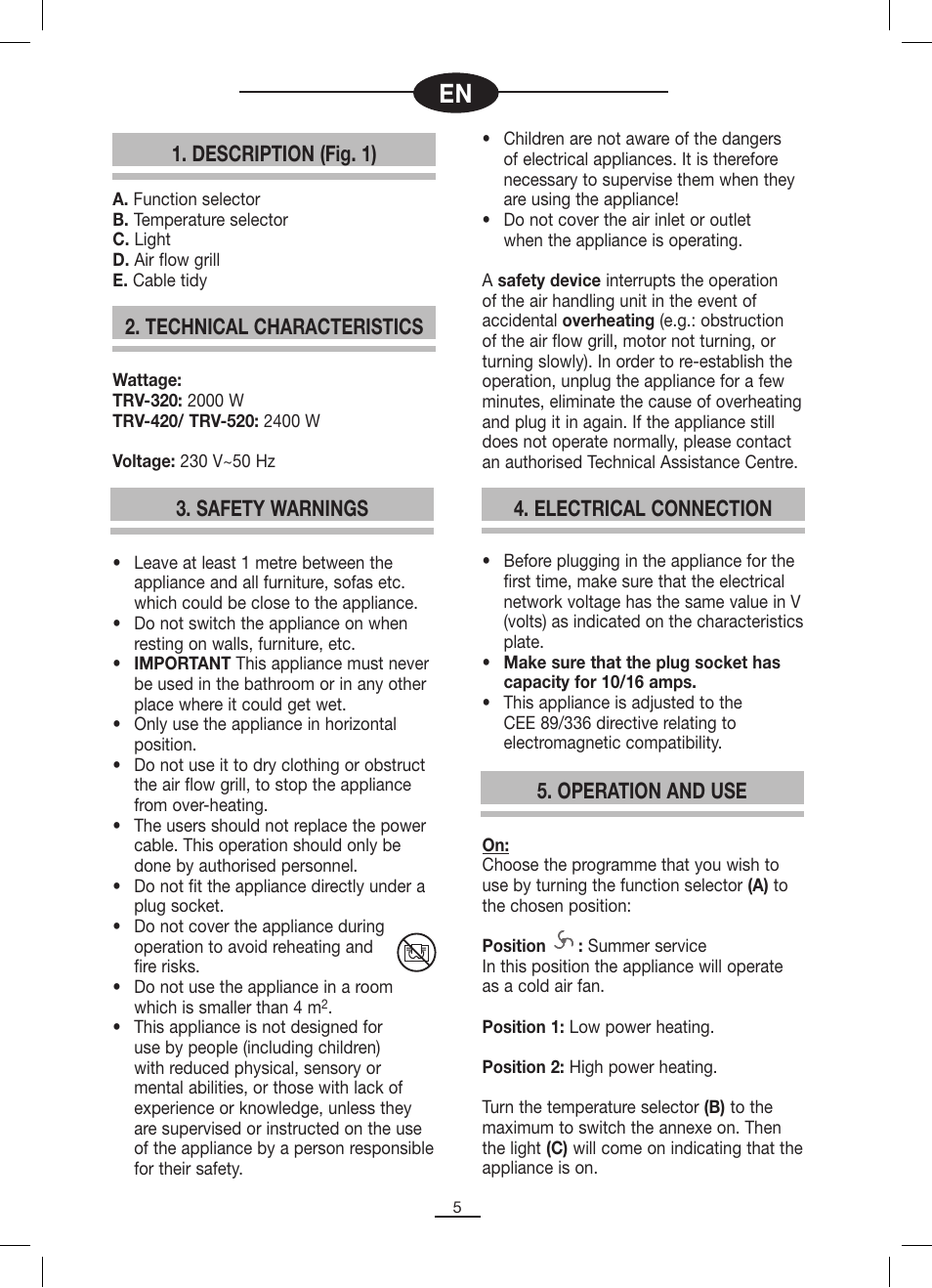 Description (fig. 1), Technical characteristics 4. electrical connection, Safety warnings | Operation and use | Fagor TRV-320 User Manual | Page 6 / 26