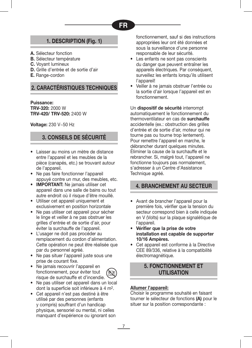 Description (fig. 1), Conseils de sécurité, Fonctionnement et utilisation | Fagor TRV-320 User Manual | Page 8 / 26