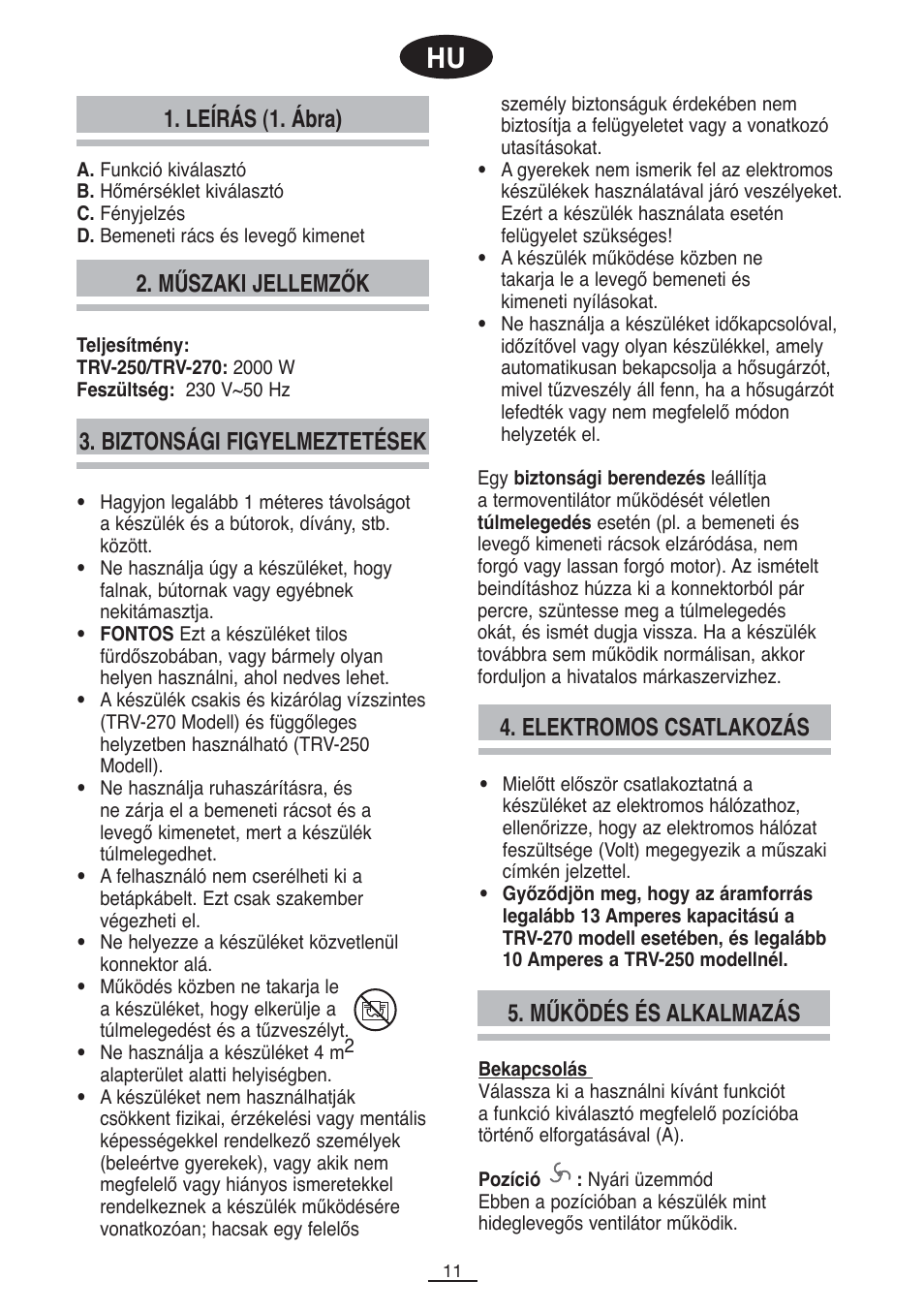 Leírás (1. ábra), Műszaki jellemzők 4. elektromos csatlakozás, Biztonsági figyelmeztetések | Működés és alkalmazás | Fagor TRV-270 User Manual | Page 12 / 25