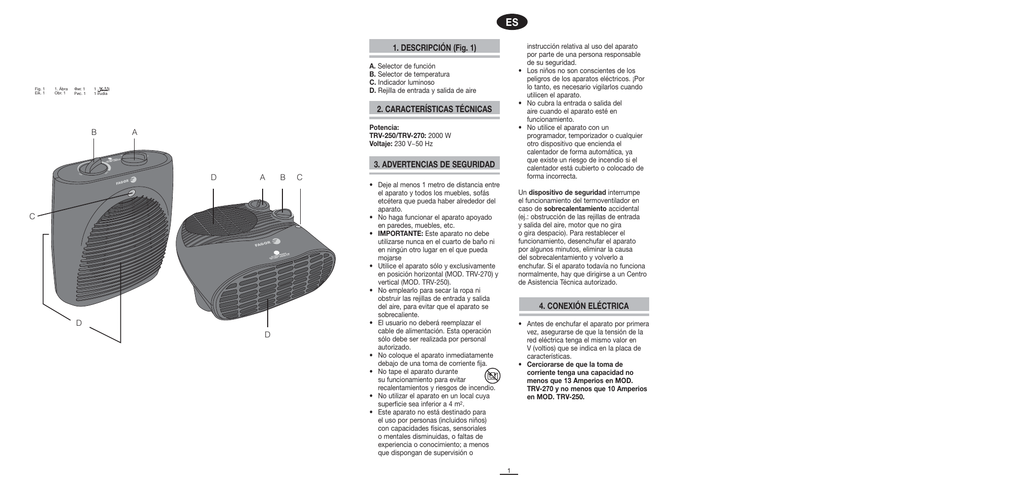 Descripción (fig. 1), Características técnicas 4. conexión eléctrica, Advertencias de seguridad | Fagor TRV-270 User Manual | Page 2 / 25