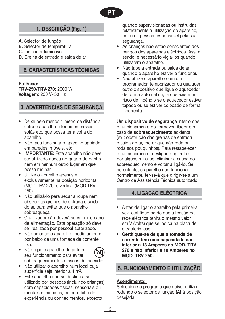 Descrição (fig. 1), Características técnicas 4. ligação eléctrica, Advertências de segurança | Funcionamento e utilização | Fagor TRV-270 User Manual | Page 4 / 25