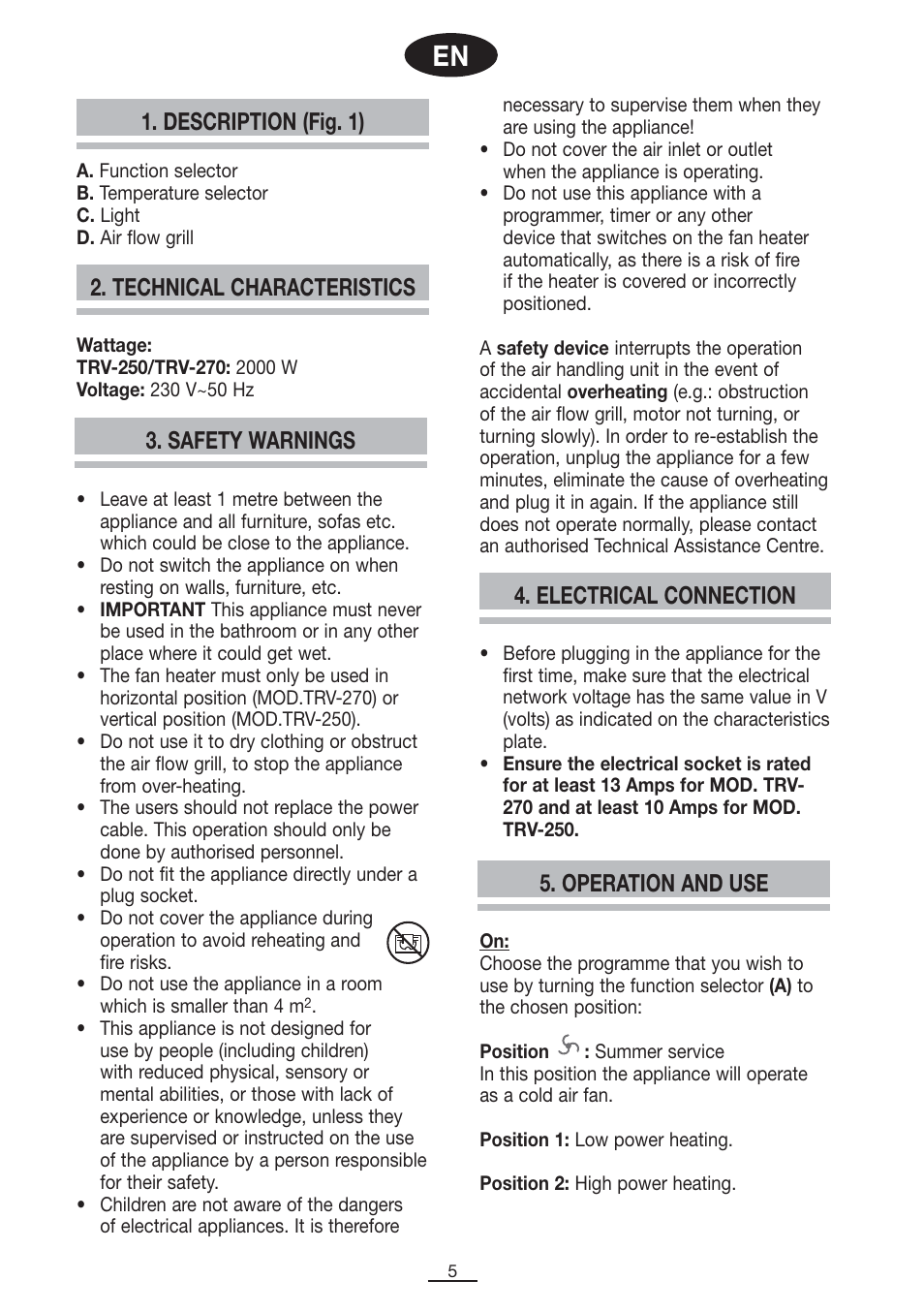 Description (fig. 1), Technical characteristics 4. electrical connection, Safety warnings | Operation and use | Fagor TRV-270 User Manual | Page 6 / 25