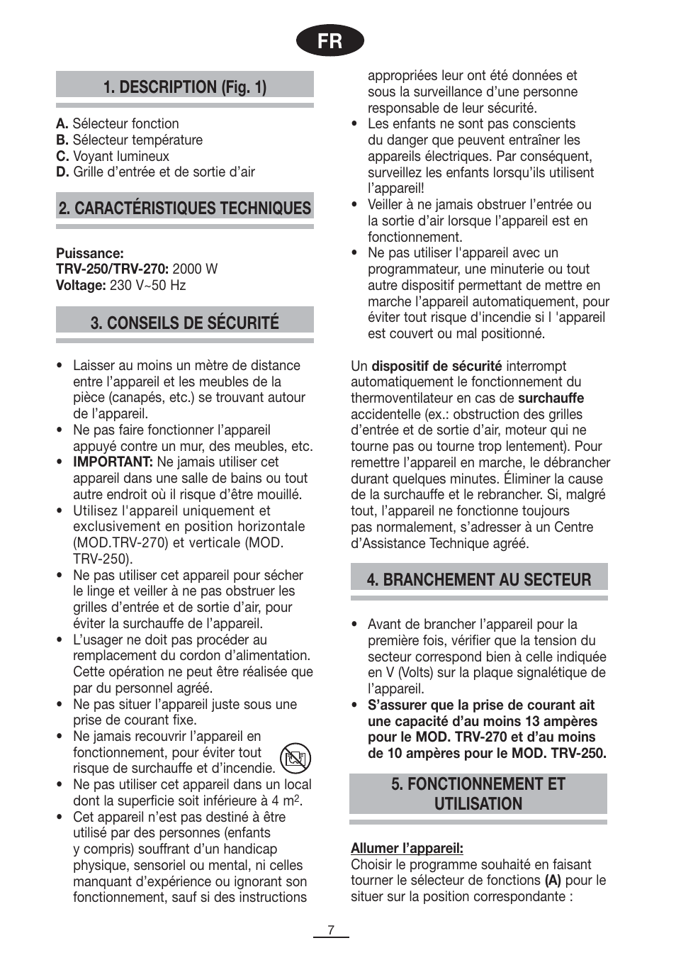 Description (fig. 1), Conseils de sécurité, Fonctionnement et utilisation | Fagor TRV-270 User Manual | Page 8 / 25