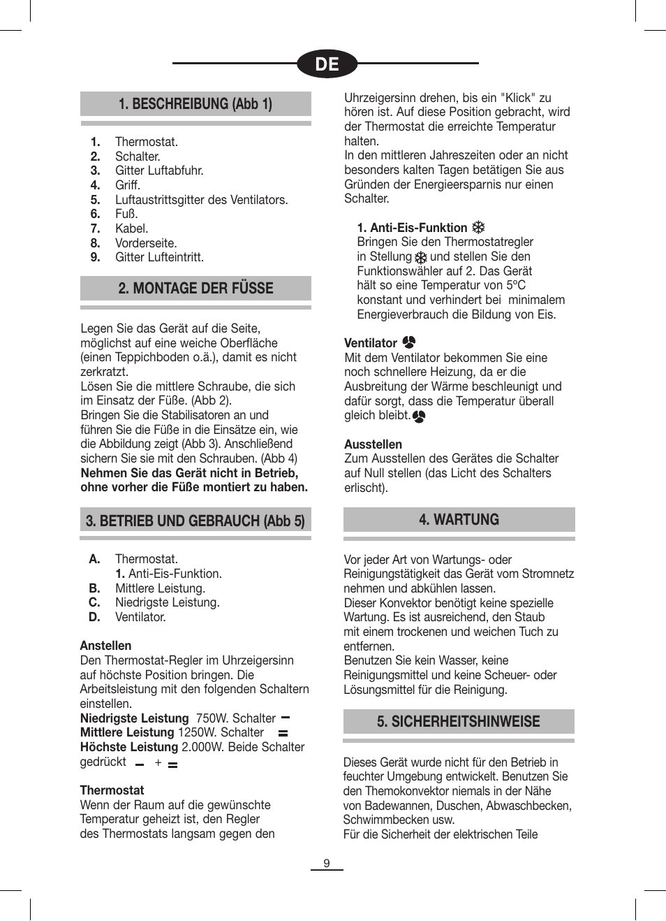 Beschreibung (abb 1), Montage der füsse, Betrieb und gebrauch (abb 5) | Wartung, Sicherheitshinweise | Fagor AFL-60TM User Manual | Page 10 / 26