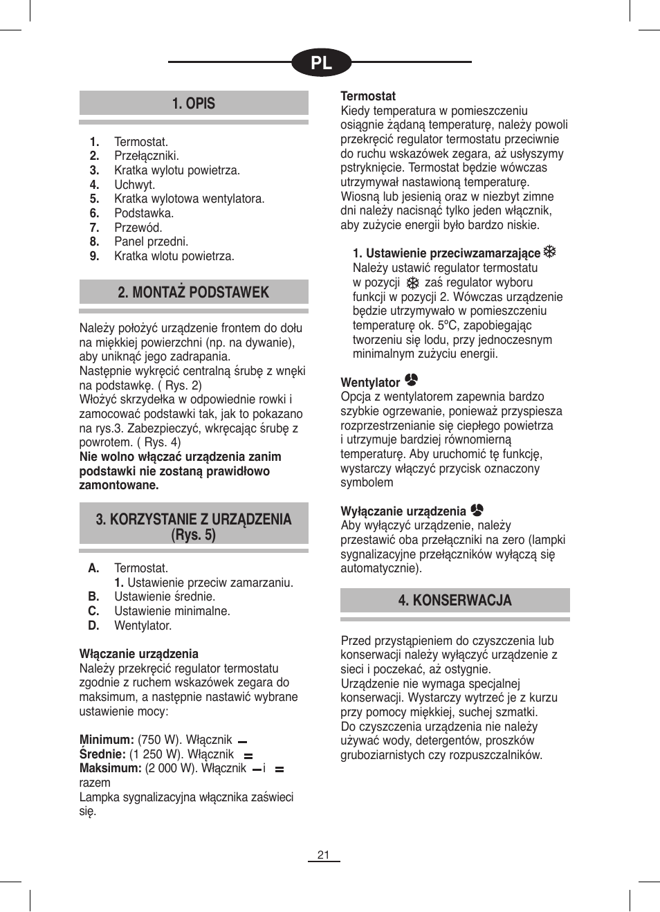 Opis 2. montaż podstawek, Korzystanie z urządzenia (rys. 5), Konserwacja | Fagor AFL-60TM User Manual | Page 22 / 26