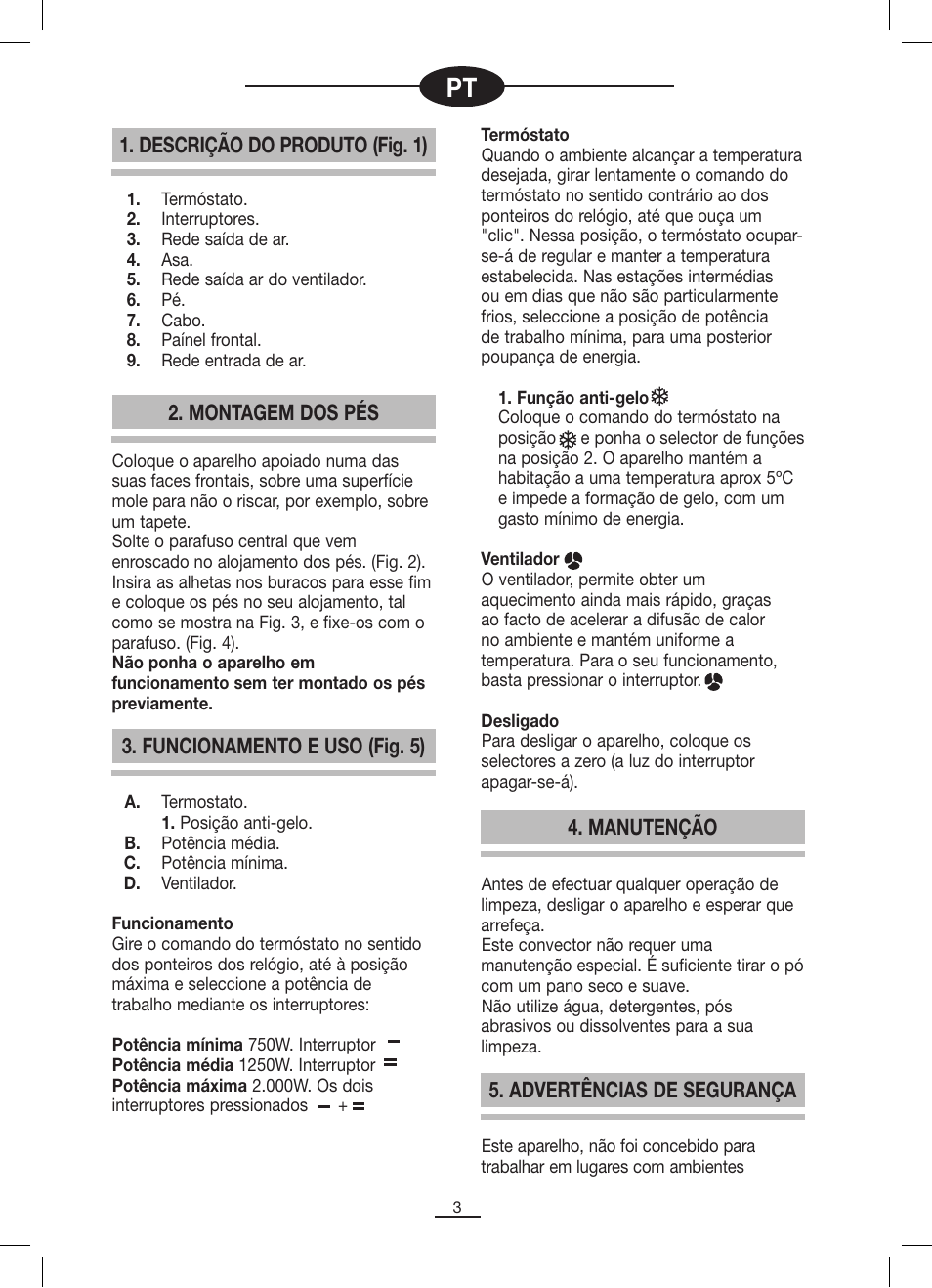 Descrição do produto (fig. 1) 2. montagem dos pés, Funcionamento e uso (fig. 5), Manutenção | Advertências de segurança | Fagor AFL-60TM User Manual | Page 4 / 26