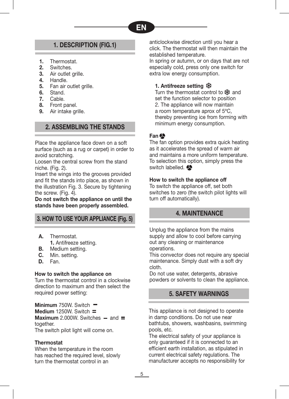 Description (fig.1), Assembling the stands, How to use your appliance (fig. 5) | Maintenance, Safety warnings | Fagor AFL-60TM User Manual | Page 6 / 26