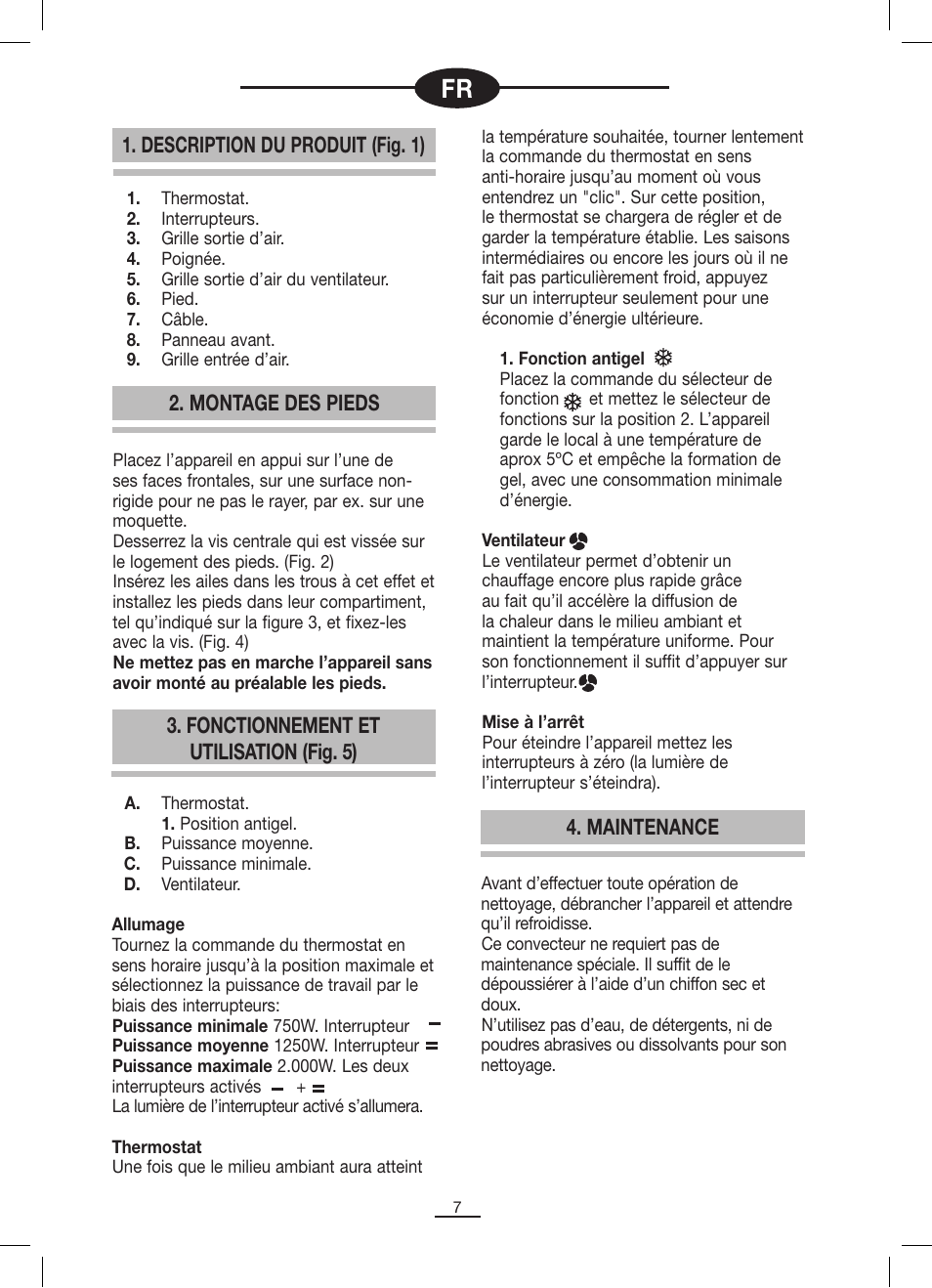 Description du produit (fig. 1), Montage des pieds, Fonctionnement et utilisation (fig. 5) | Maintenance | Fagor AFL-60TM User Manual | Page 8 / 26