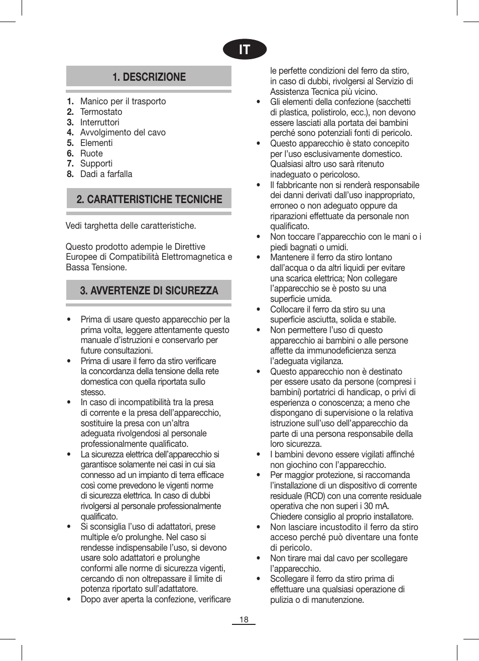 Descrizione, Caratteristiche tecniche, Avvertenze di sicurezza | Fagor RN-1500 User Manual | Page 19 / 46