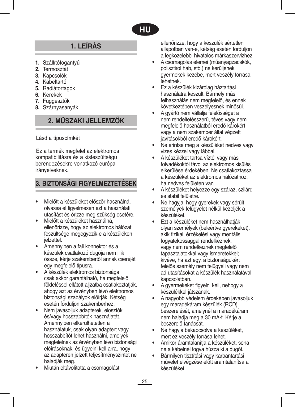 Leírás, Biztonsági figyelmeztetések, Műszaki jellemzők | Fagor RN-1500 User Manual | Page 26 / 46