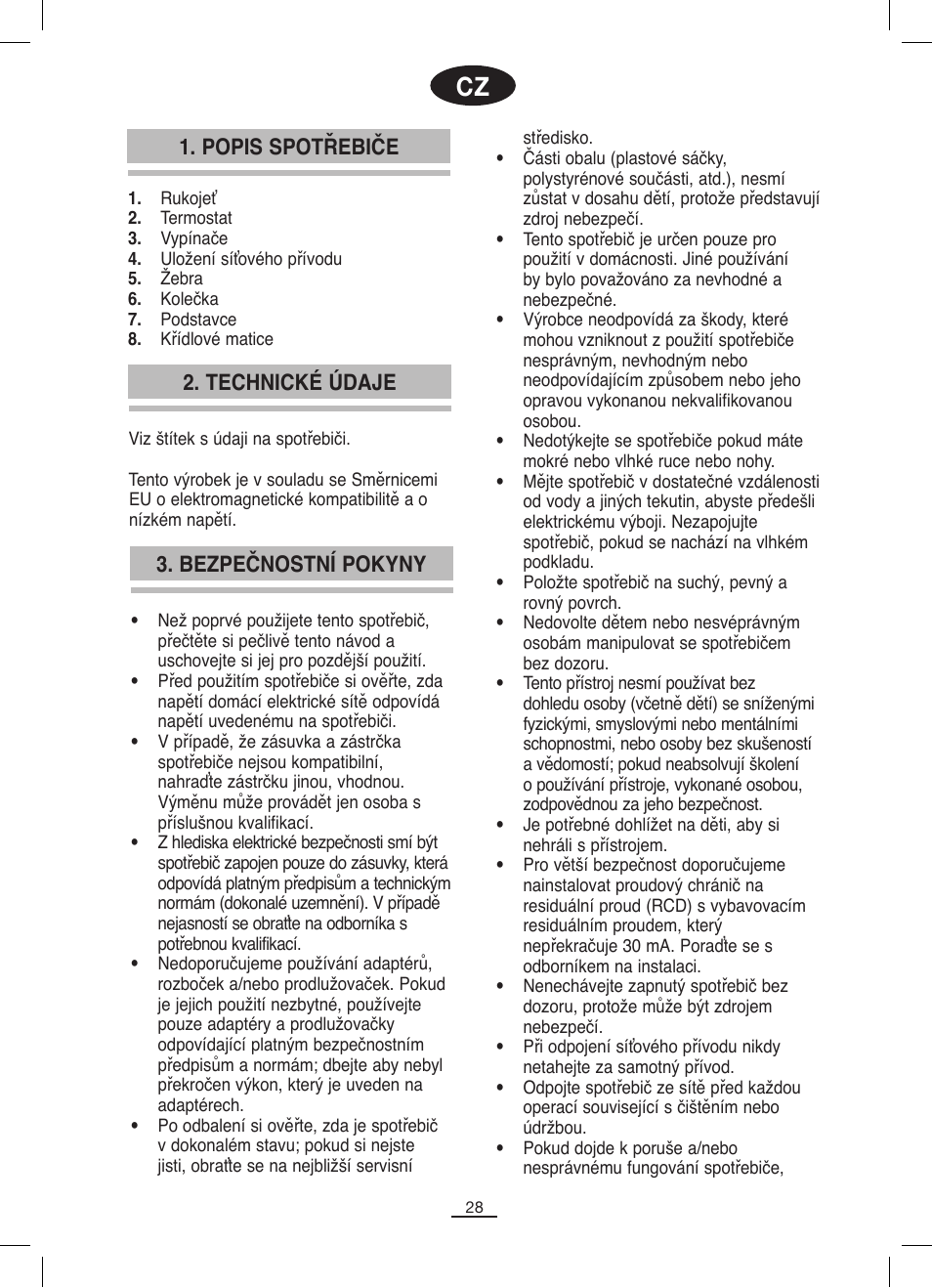 Popis spotřebiče, Bezpečnostní pokyny 2. technické údaje | Fagor RN-1500 User Manual | Page 29 / 46