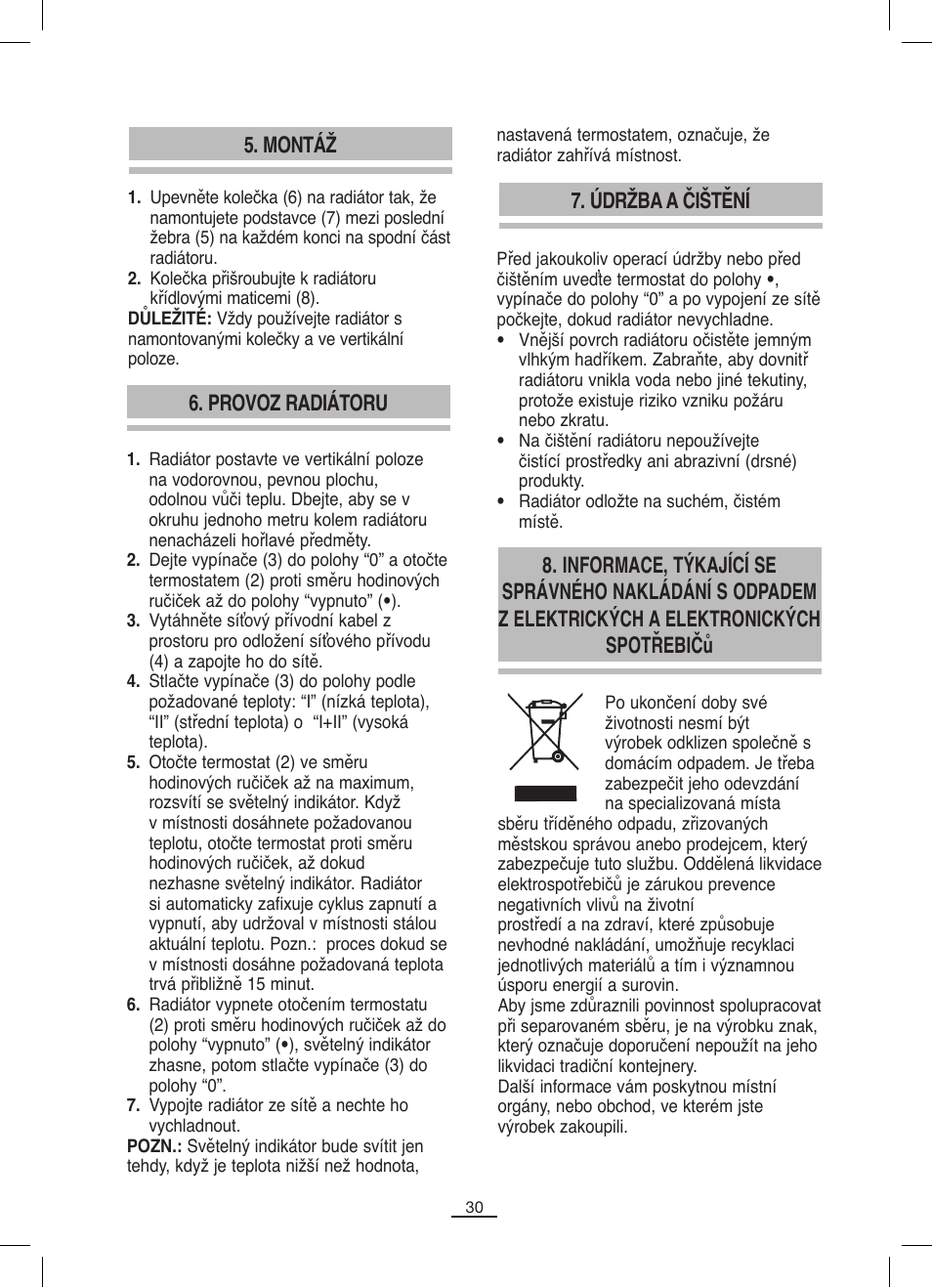 Montáž, Provoz radiátoru, Údržba a čištění | Fagor RN-1500 User Manual | Page 31 / 46