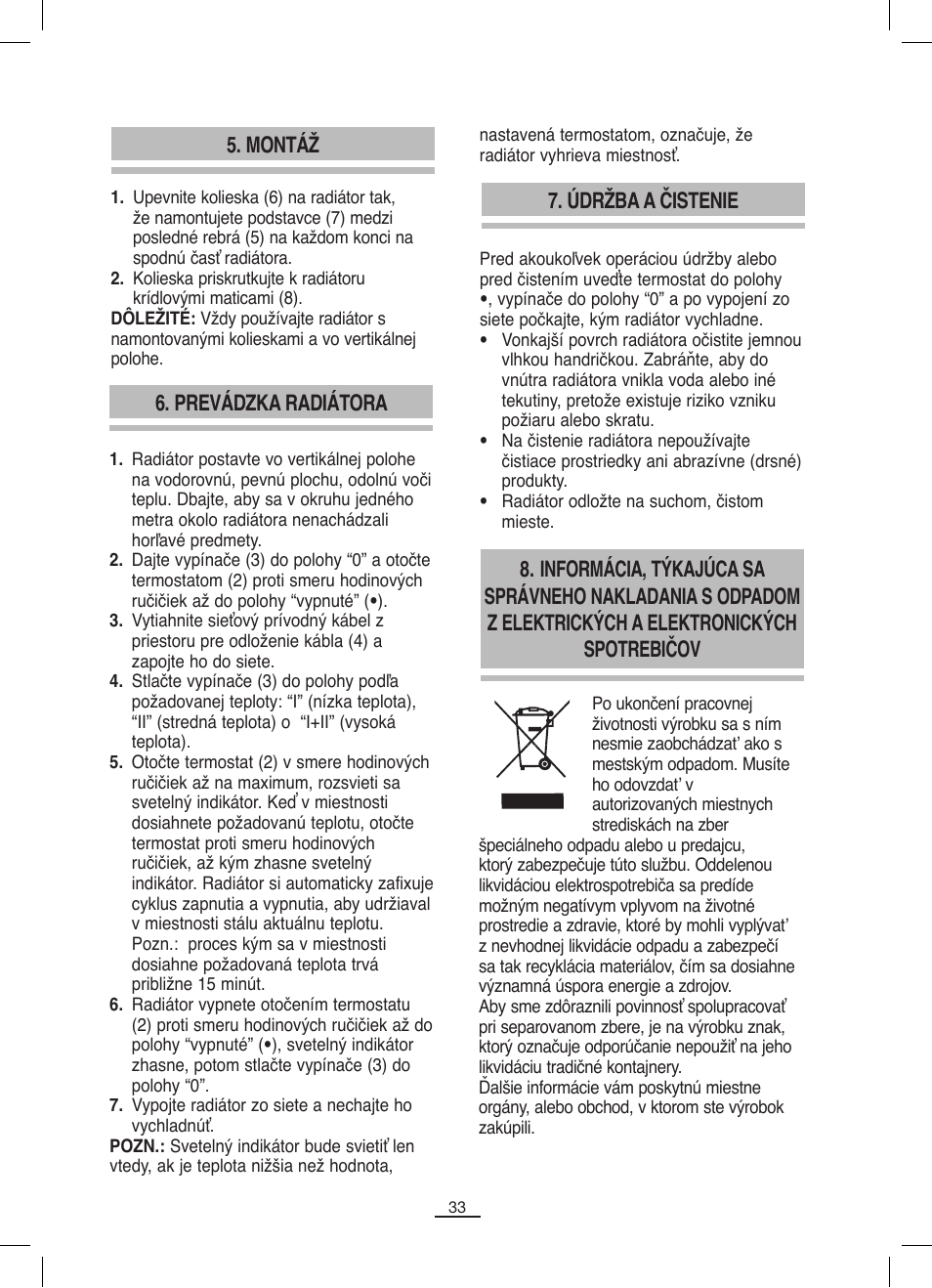 Montáž, Prevádzka radiátora, Údržba a čistenie | Fagor RN-1500 User Manual | Page 34 / 46