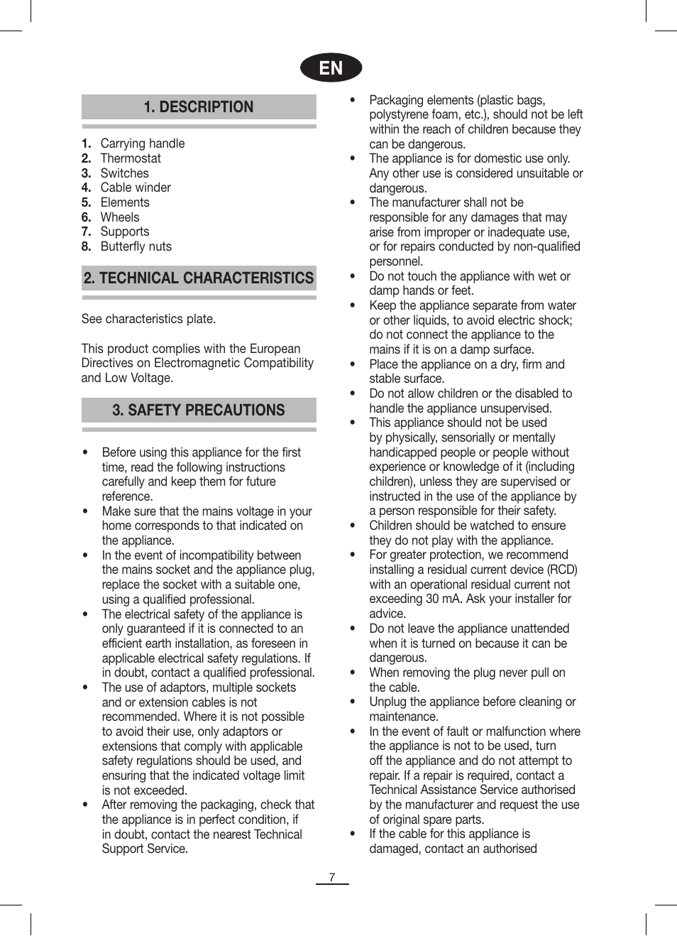 Description, Safety precautions 2. technical characteristics | Fagor RN-1500 User Manual | Page 8 / 46