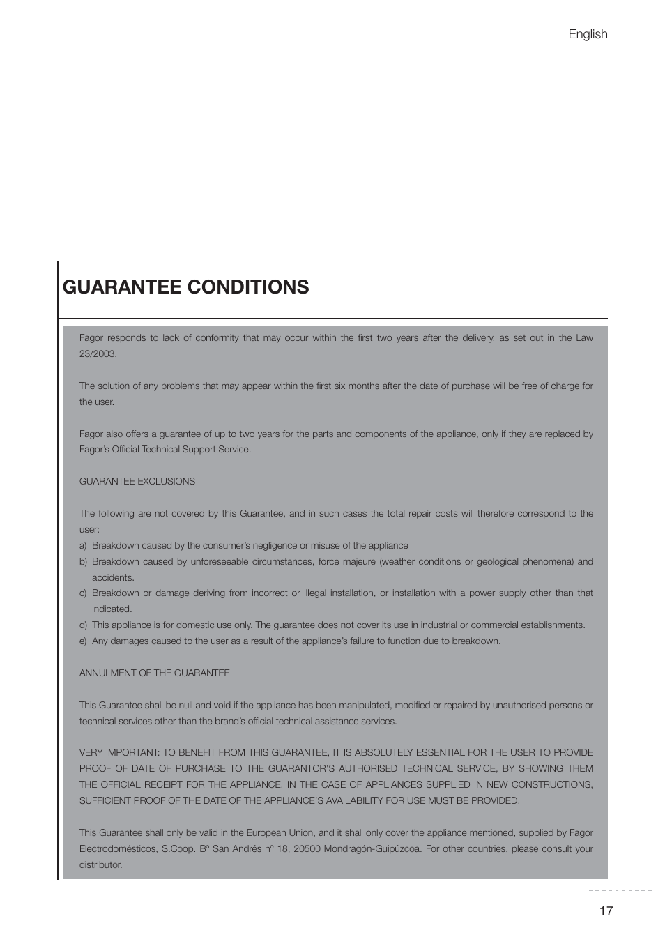 Guarantee conditions, 17 english | Fagor REIN-652I User Manual | Page 17 / 74