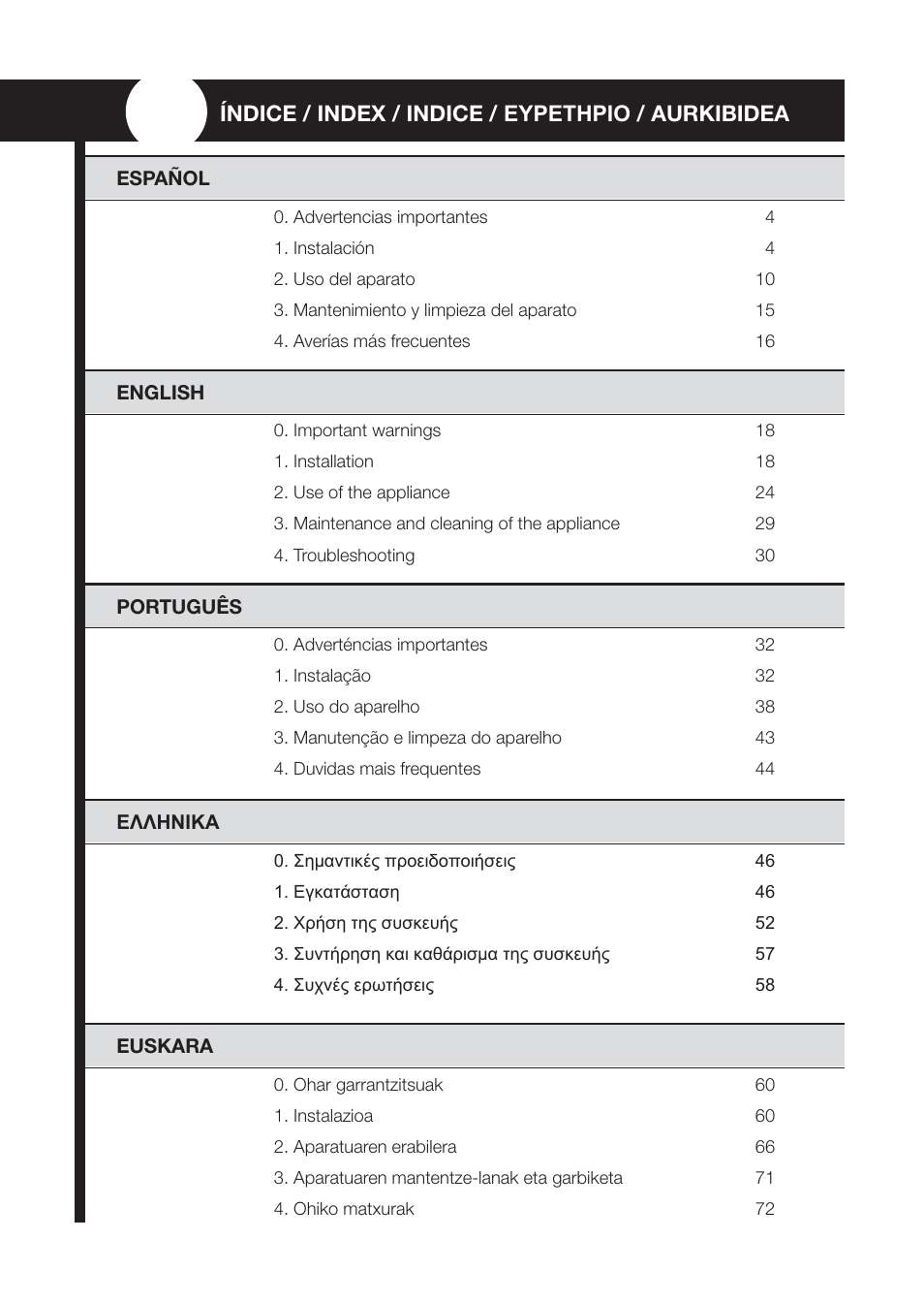 Índice / index / indice / ехсефзсйп / aurkibidea | Fagor REIN-652I User Manual | Page 2 / 74