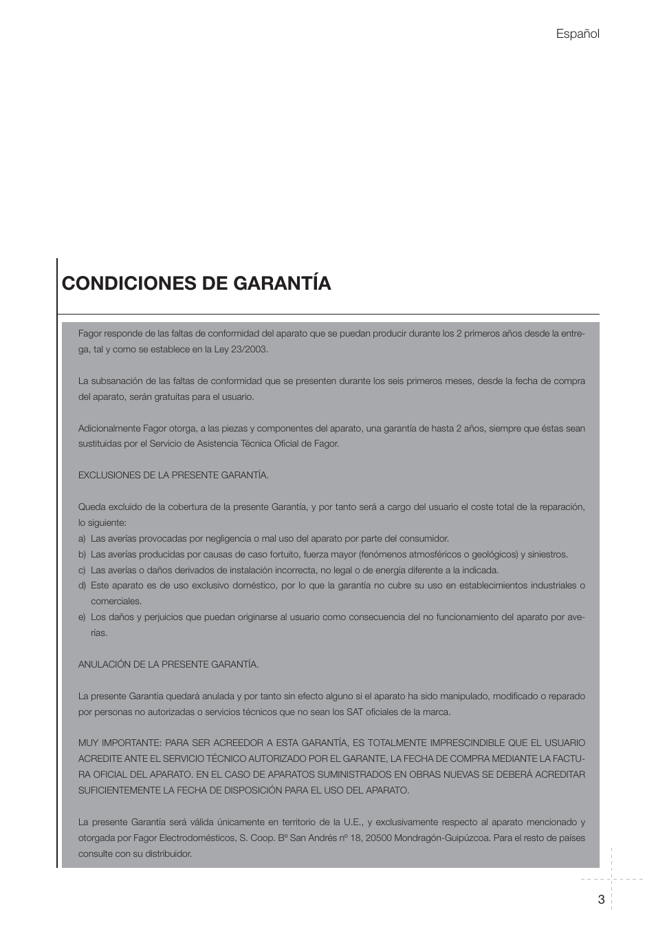 Condiciones de garantía, 3español | Fagor REIN-652I User Manual | Page 3 / 74