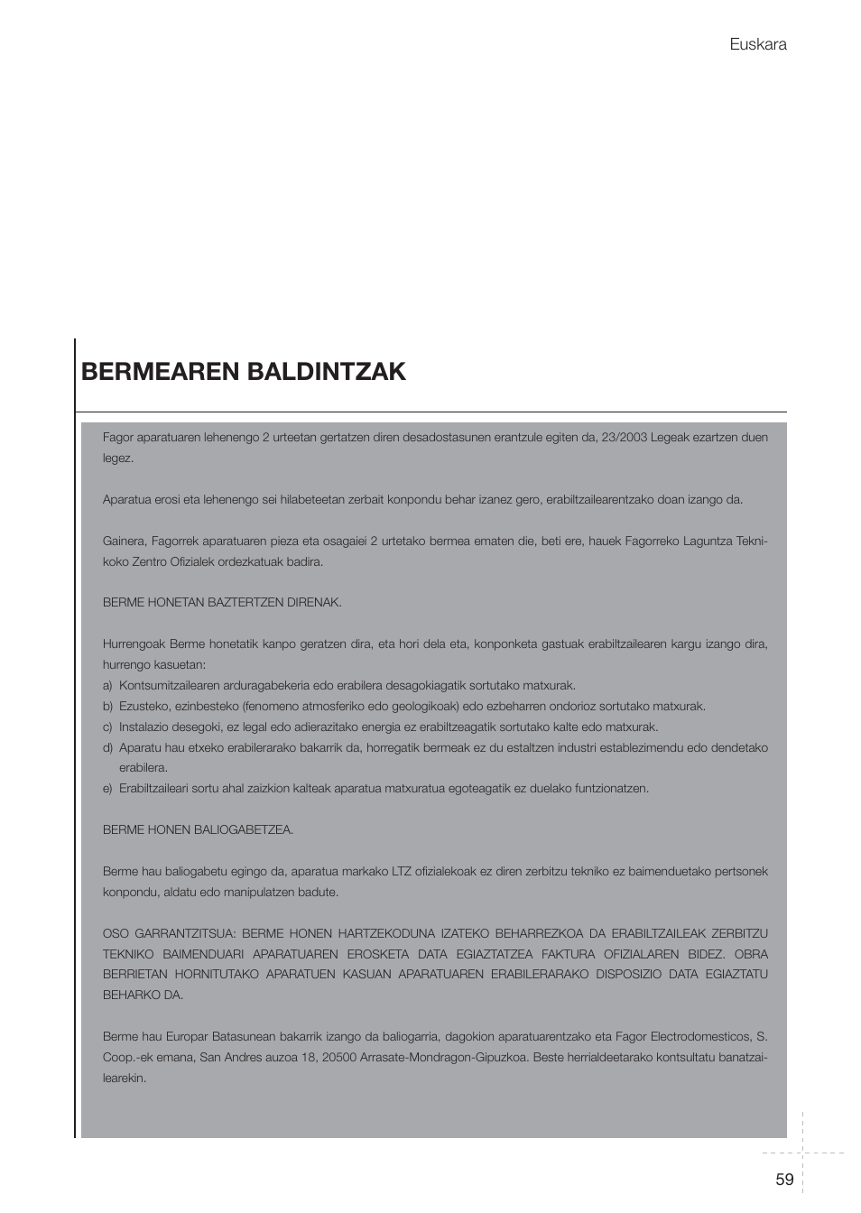 Bermearen baldintzak, 59 euskara | Fagor REIN-652I User Manual | Page 59 / 74