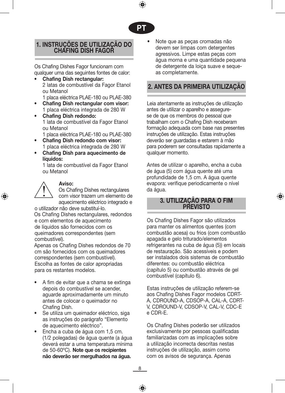 Instruções de utilização do chafing dish fagor, Antes da primeira utilização, Utilização para o fim previsto | Fagor SERV-V User Manual | Page 10 / 30