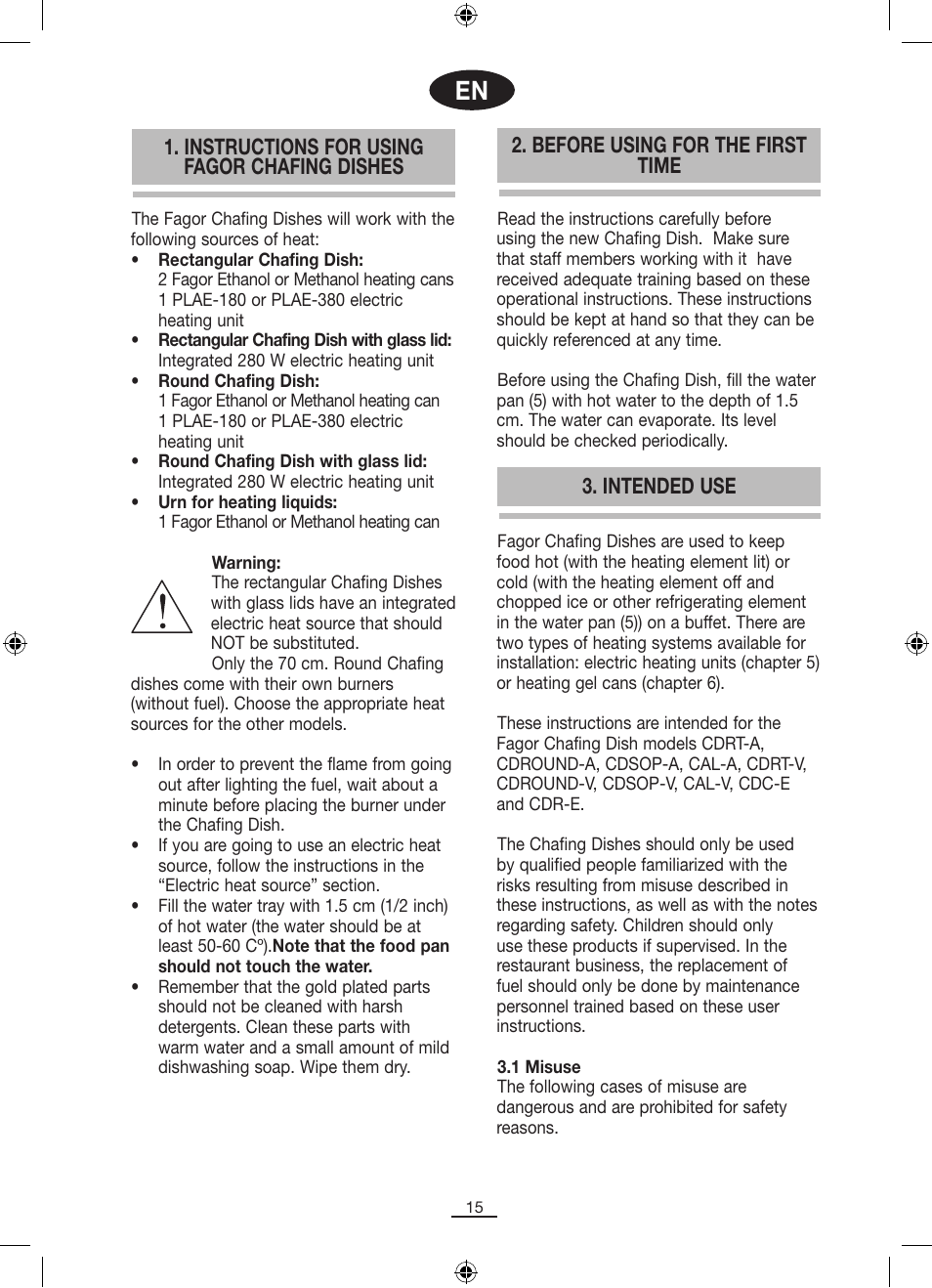 Instructions for using fagor chafing dishes, Before using for the first time, Intended use | Fagor SERV-V User Manual | Page 17 / 30