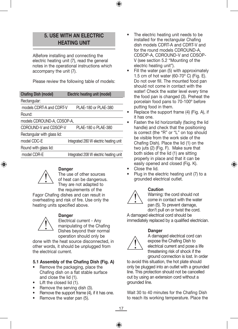 Use with an electric heating unit | Fagor SERV-V User Manual | Page 19 / 30