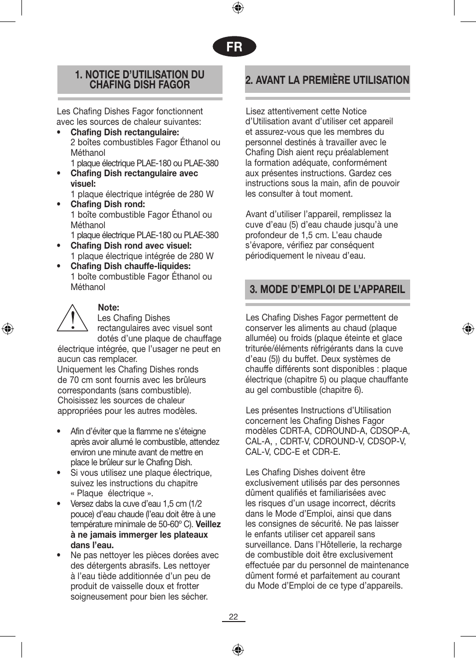 Notice d’utilisation du chafing dish fagor, Avant la première utilisation, Mode d’emploi de l’appareil | Fagor SERV-V User Manual | Page 24 / 30