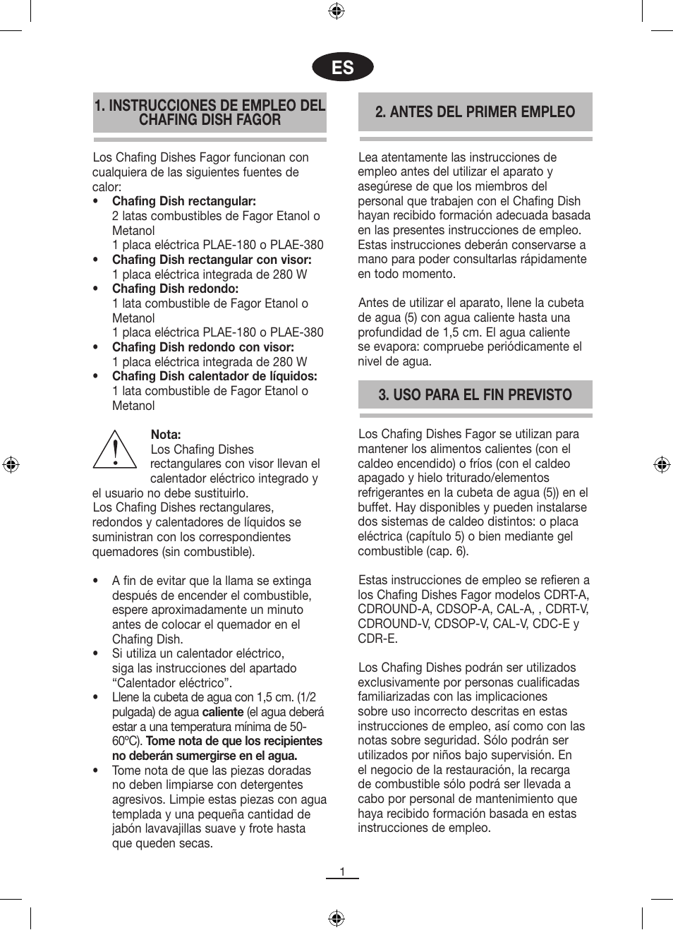 Instrucciones de empleo del chafing dish fagor, Antes del primer empleo, Uso para el fin previsto | Fagor SERV-V User Manual | Page 3 / 30