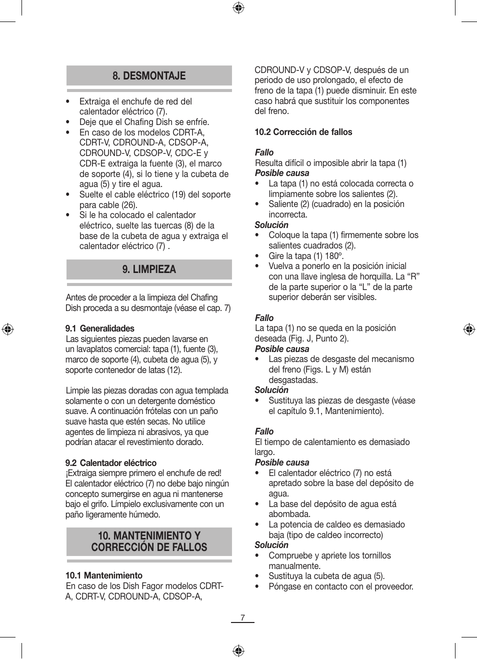 Desmontaje, Limpieza, Mantenimiento y corrección de fallos | Fagor SERV-V User Manual | Page 9 / 30