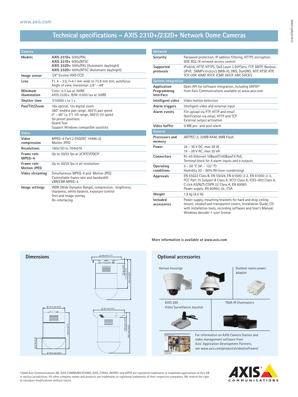 Optional accessories, Dimensions | Axis Communications 232D User Manual | Page 2 / 2