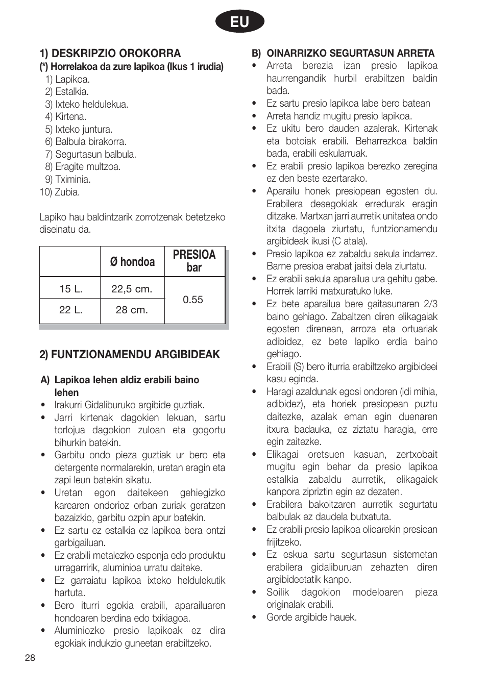 Ø hondoa, Presioa bar | Fagor PRACTICA User Manual | Page 30 / 36