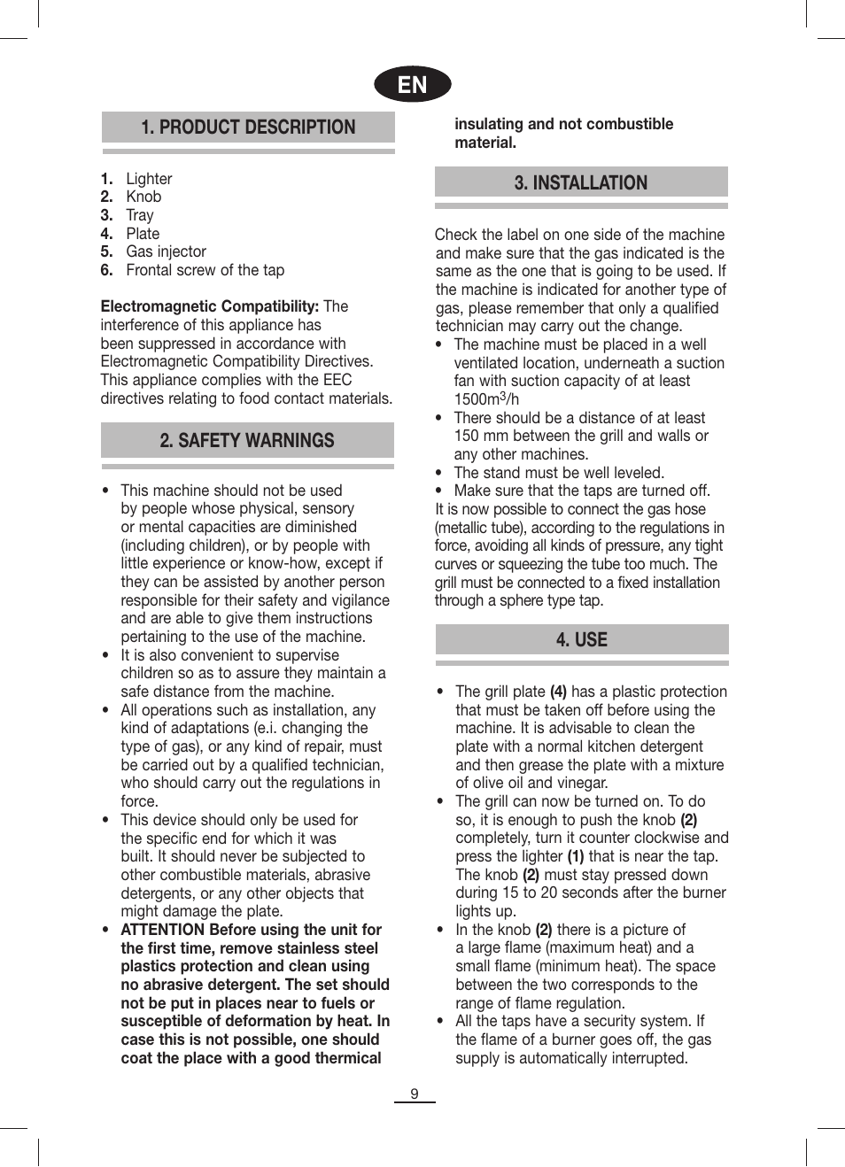 Safety warnings 1. product description, Installation 4. use | Fagor BBCP-801G User Manual | Page 10 / 18