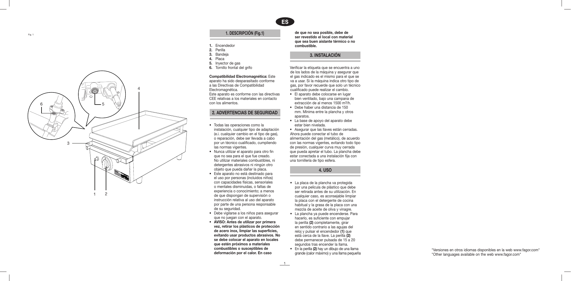 Descripción (fig.1) 2. advertencias de seguridad, Instalación 4. uso | Fagor BBCP-801G User Manual | Page 2 / 18