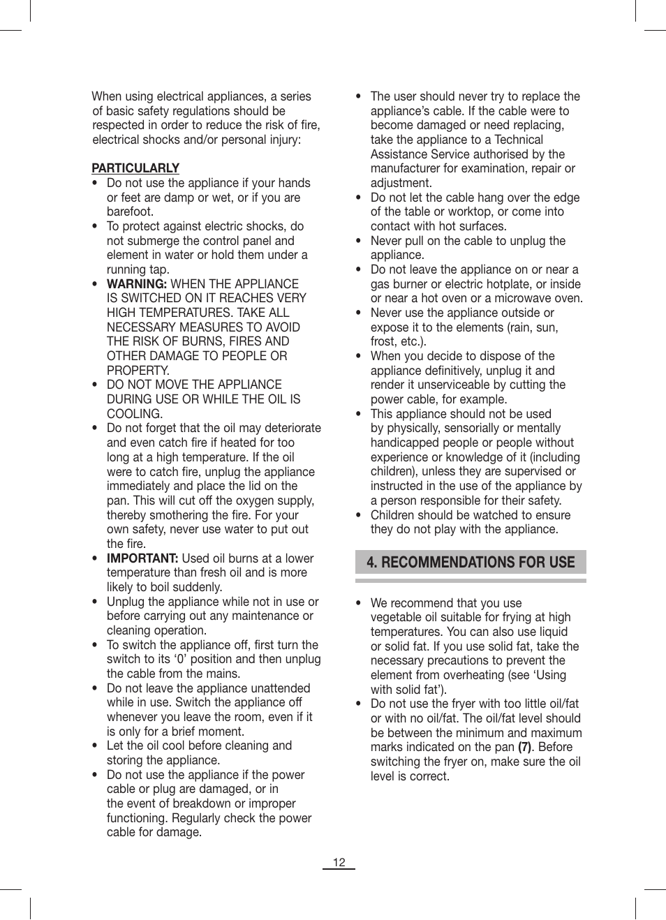 Recommendations for use | Fagor FP-7L User Manual | Page 13 / 21