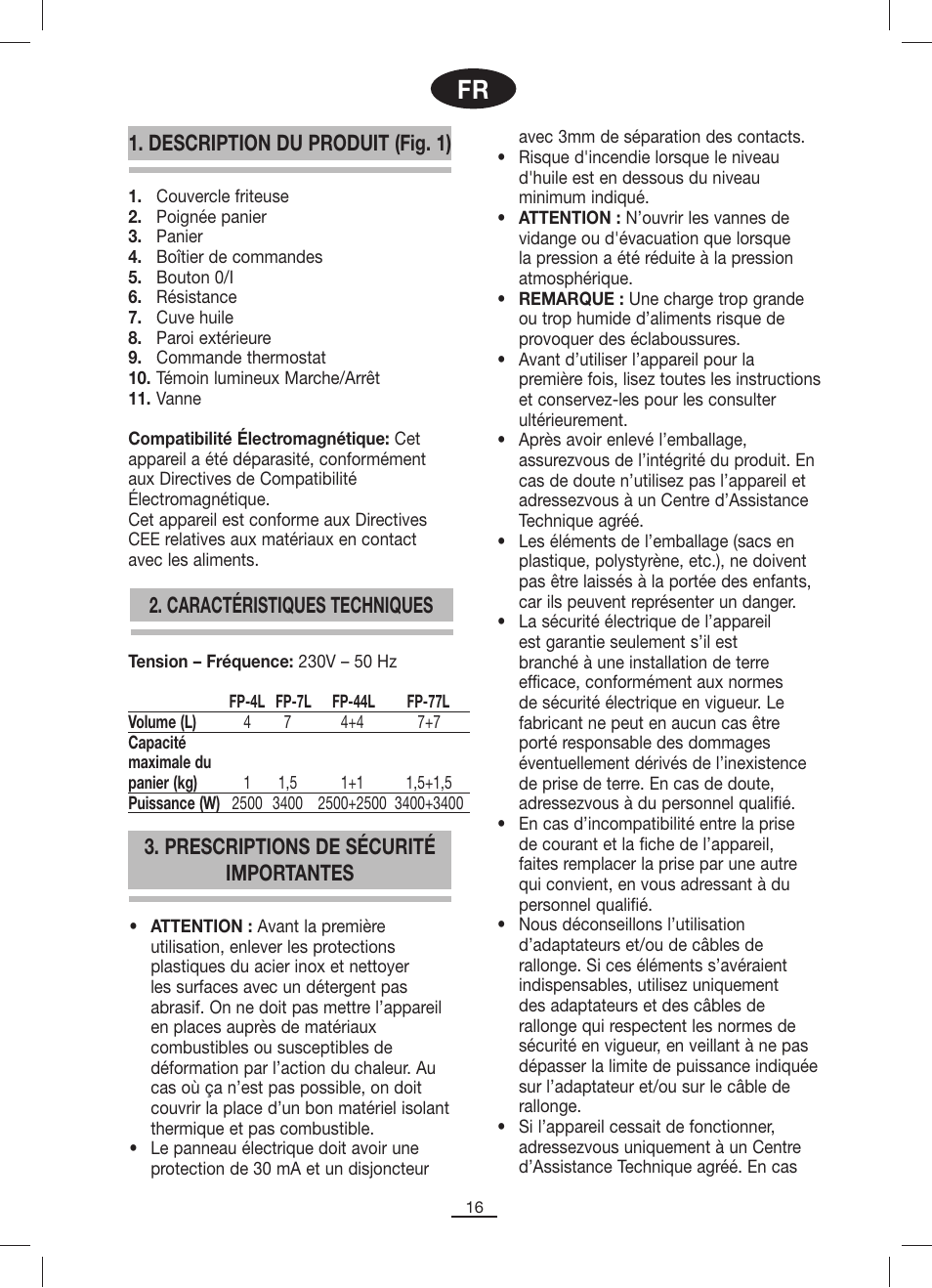 Description du produit (fig. 1), Caractéristiques techniques, Prescriptions de sécurité importantes | Fagor FP-7L User Manual | Page 17 / 21