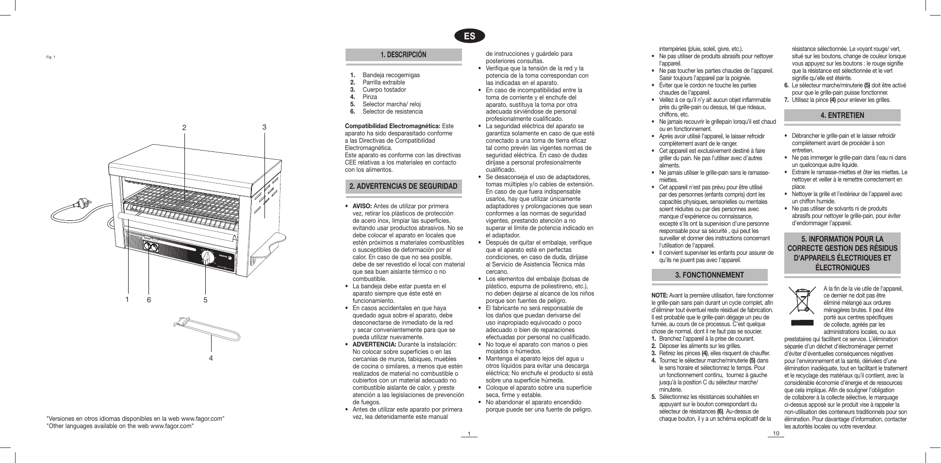 Descripción, Advertencias de seguridad, Entretien | Fonctionnement | Fagor TTP-2P User Manual | Page 2 / 10