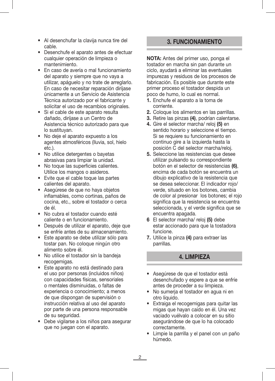 Funcionamiento, Limpieza | Fagor TTP-2P User Manual | Page 3 / 10