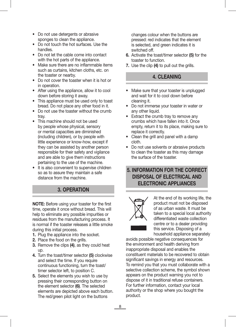 Operation, Cleaning | Fagor TTP-2P User Manual | Page 9 / 10