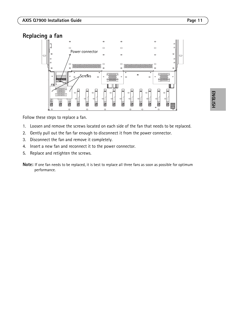 Replacing a fan | Axis Communications AXIS Q7900 Rack User Manual | Page 11 / 54