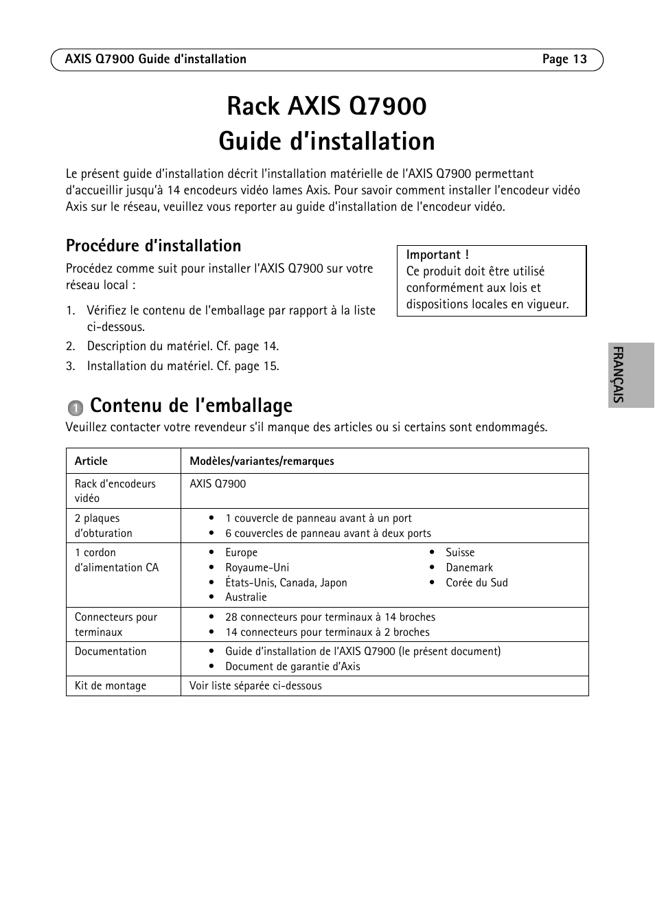 Rack axis q7900 guide d’installation, Contenu de l’emballage, Procédure d’installation | Axis Communications AXIS Q7900 Rack User Manual | Page 13 / 54