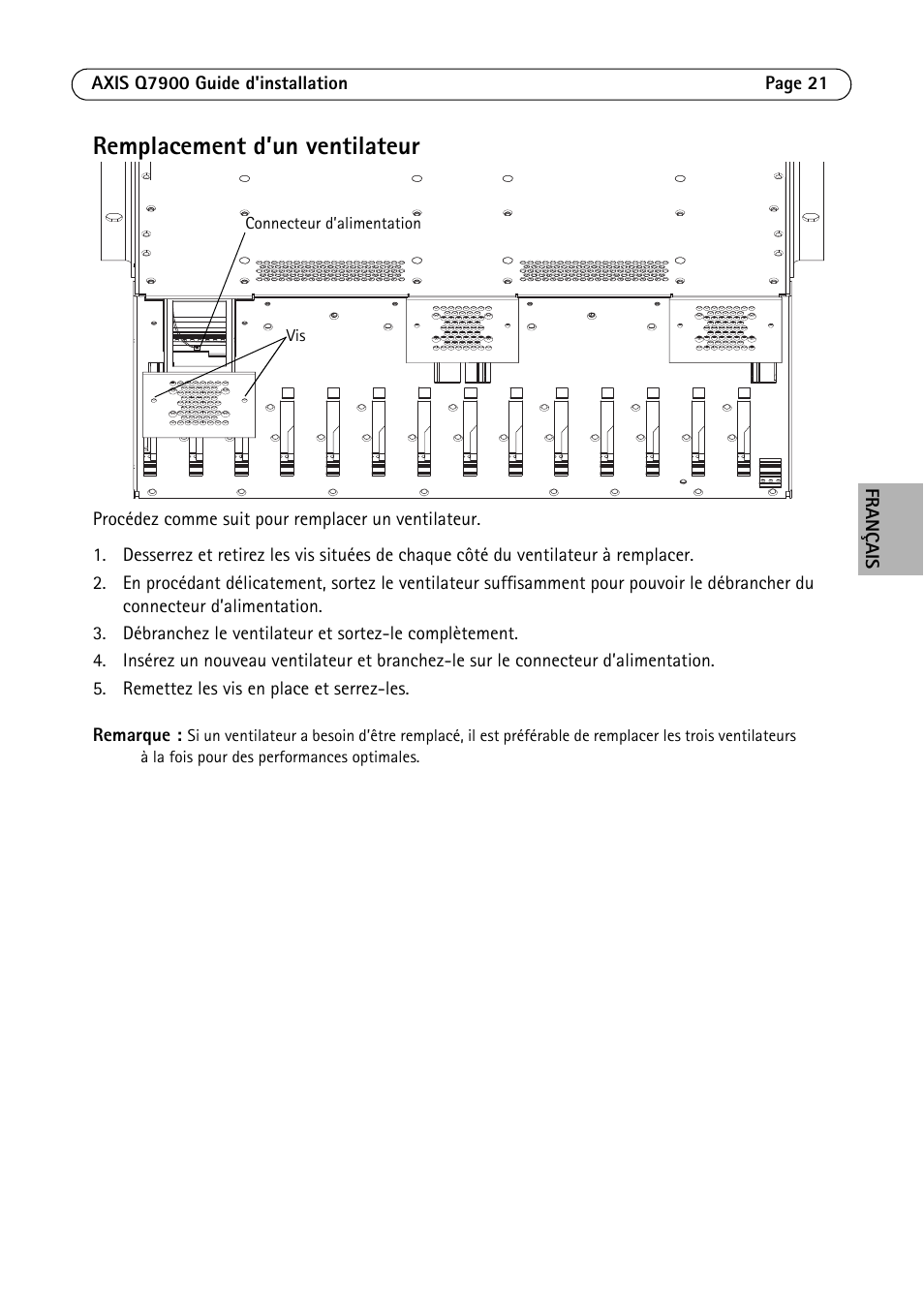 Remplacement d’un ventilateur | Axis Communications AXIS Q7900 Rack User Manual | Page 21 / 54