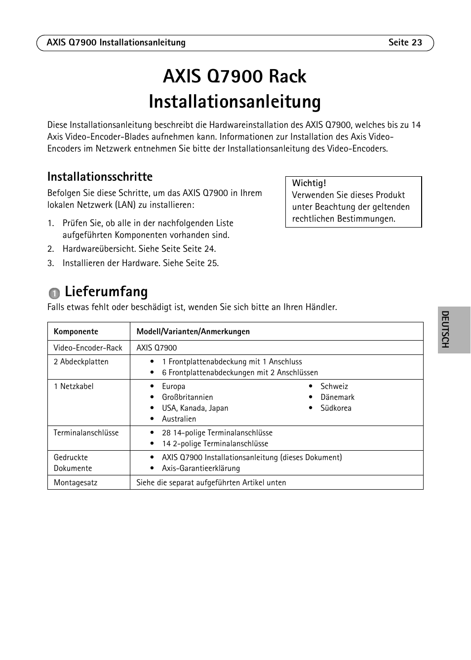 Axis q7900 rack installationsanleitung, Lieferumfang, Installationsschritte | Axis Communications AXIS Q7900 Rack User Manual | Page 23 / 54