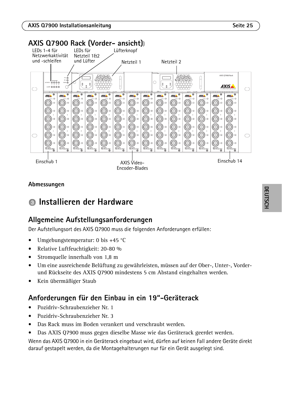 Installieren der hardware, Axis q7900 rack (vorder- ansicht), Allgemeine aufstellungsanforderungen | Anforderungen für den einbau in ein 19“-geräterack, Abmessungen | Axis Communications AXIS Q7900 Rack User Manual | Page 25 / 54