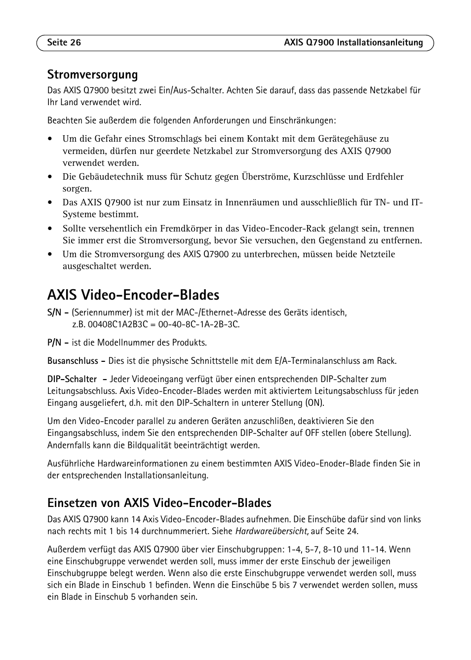 Axis video-encoder-blades, Stromversorgung, Einsetzen von axis video-encoder-blades | Axis Communications AXIS Q7900 Rack User Manual | Page 26 / 54
