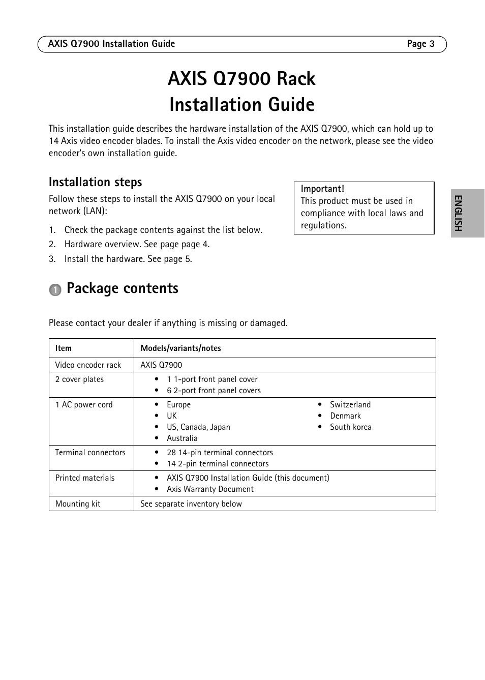 Axis q7900 rack installation guide, Package contents, Installation steps | Axis Communications AXIS Q7900 Rack User Manual | Page 3 / 54