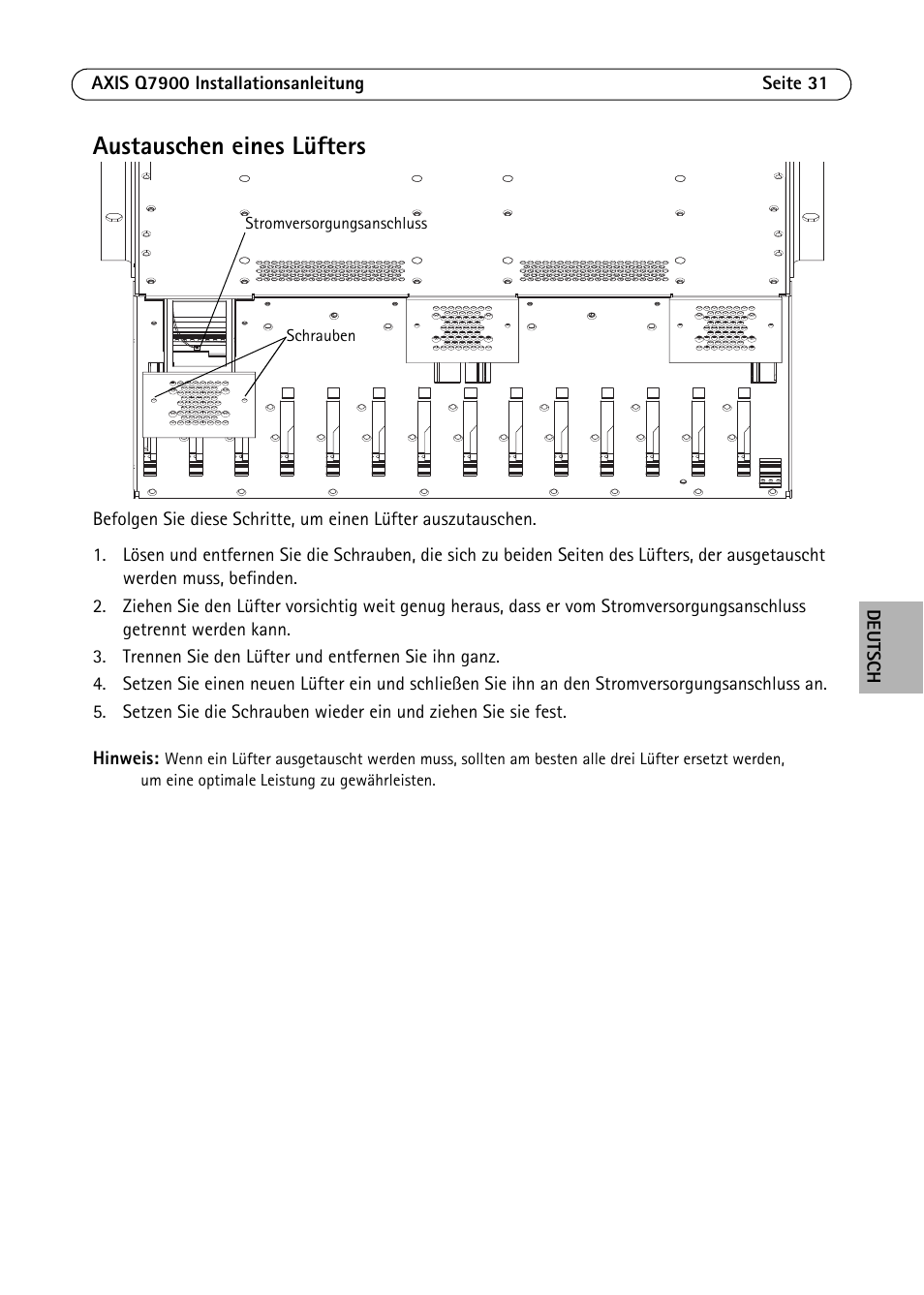 Austauschen eines lüfters | Axis Communications AXIS Q7900 Rack User Manual | Page 31 / 54