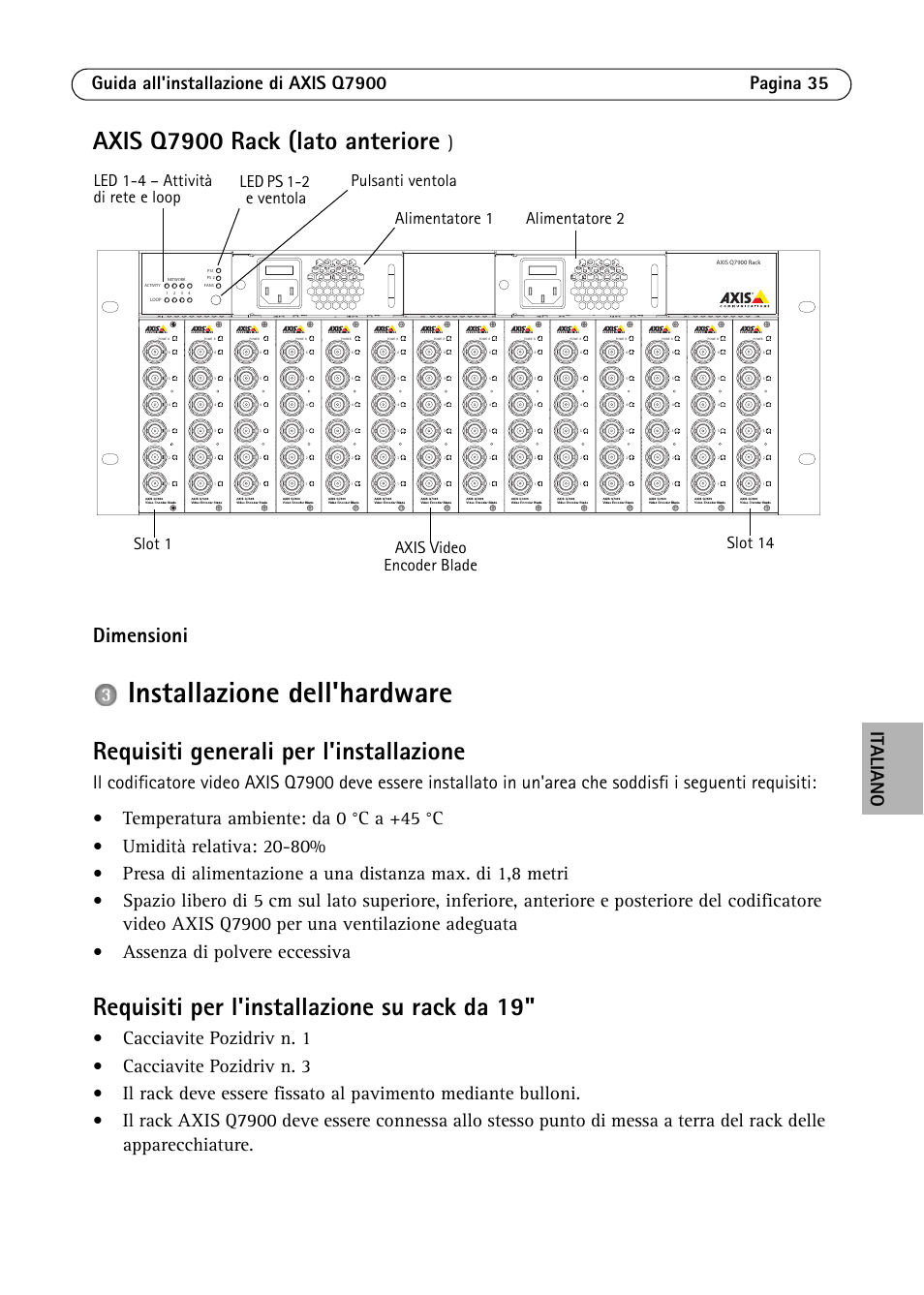 Installazione dell'hardware, Axis q7900 rack (lato anteriore, Requisiti generali per l'installazione | Requisiti per l'installazione su rack da 19, Dimensioni | Axis Communications AXIS Q7900 Rack User Manual | Page 35 / 54