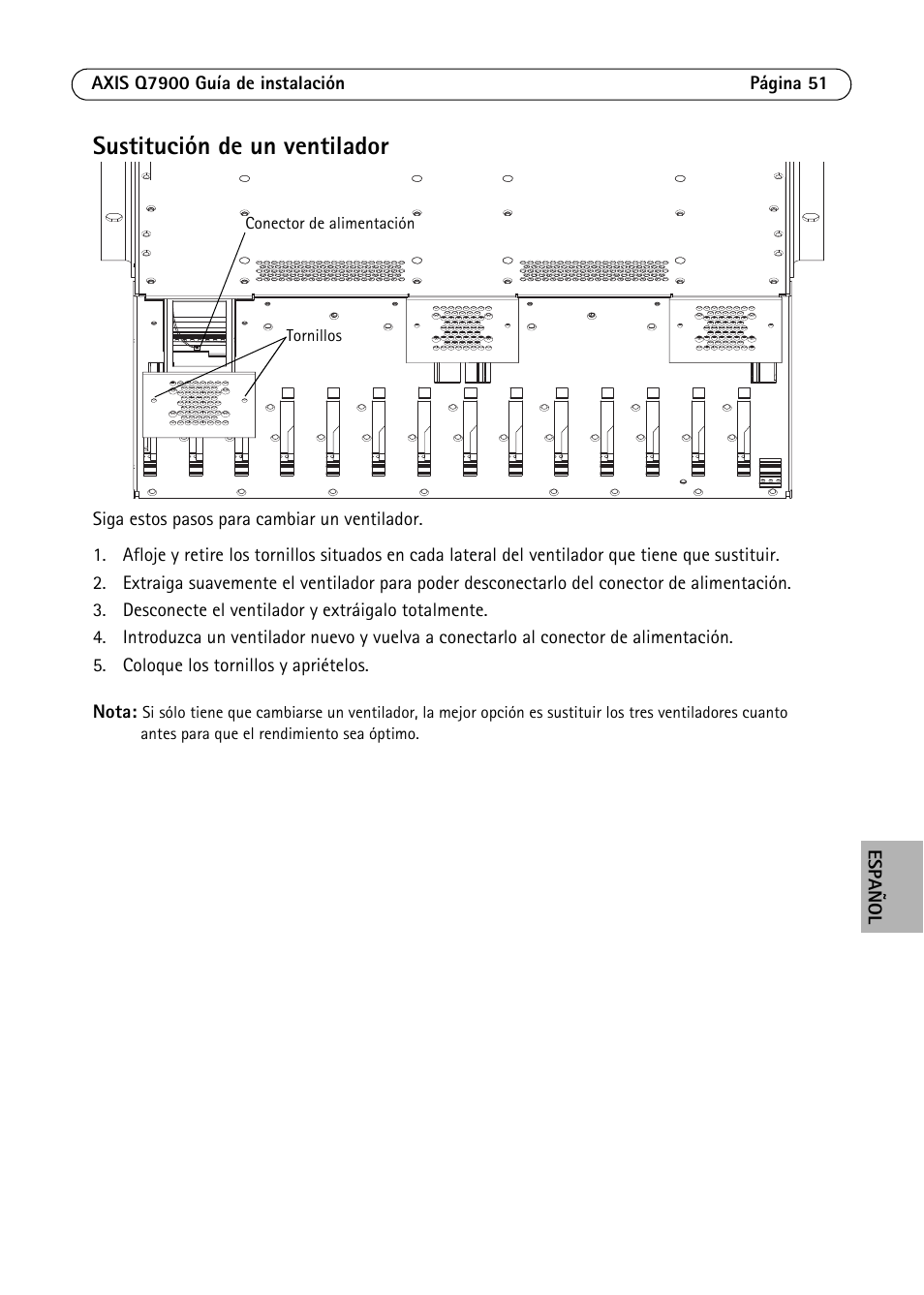 Sustitución de un ventilador | Axis Communications AXIS Q7900 Rack User Manual | Page 51 / 54