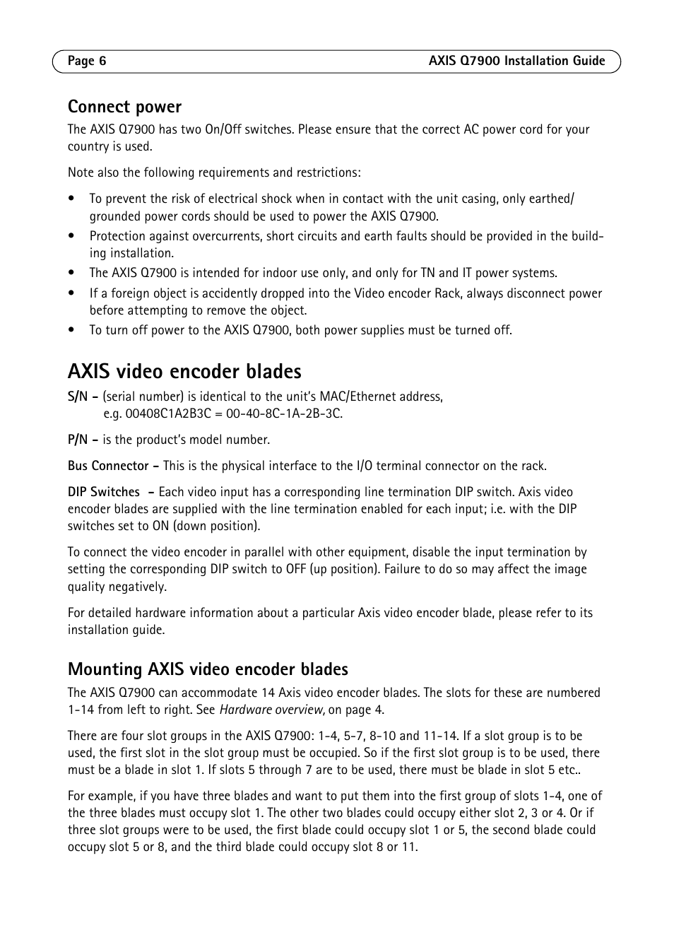 Axis video encoder blades, Connect power, Mounting axis video encoder blades | Axis Communications AXIS Q7900 Rack User Manual | Page 6 / 54