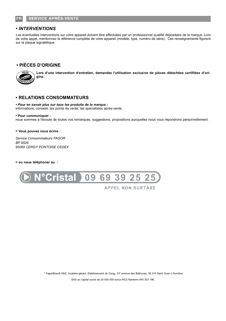 Pièces d’origine, Interventions, Relations consommateurs | Fagor 3FIS-882 User Manual | Page 23 / 44