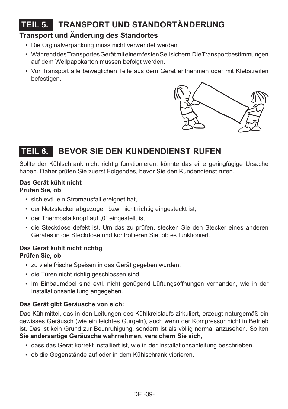 Transport und standortänderung teil 5, Bevor sie den kundendienst rufen teil 6 | Fagor 3FIS-882 User Manual | Page 41 / 44